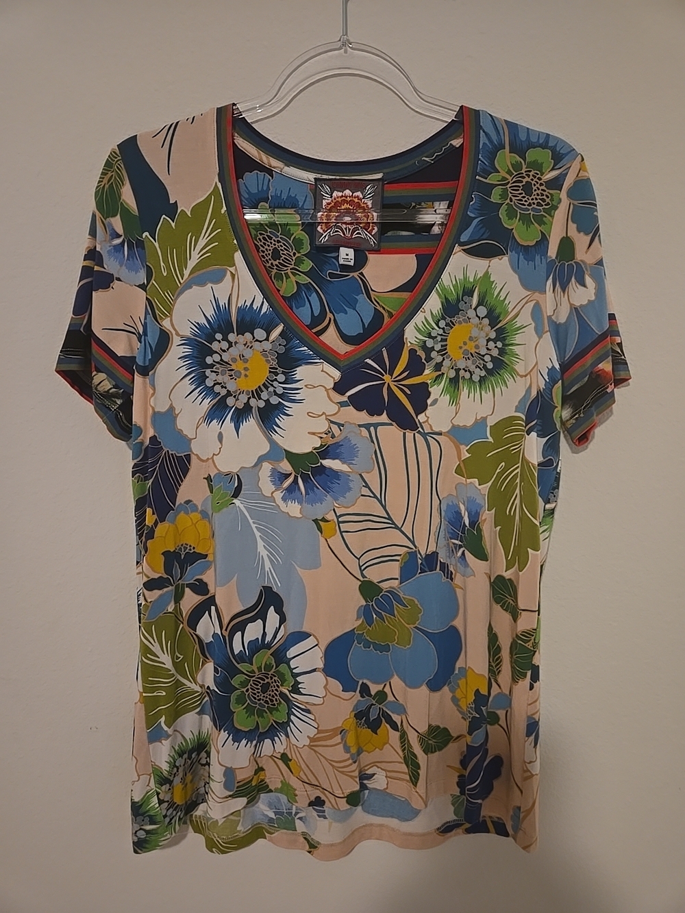 Johnny Was Janie Favorite Tshirt Multicolor Floral V-Neck Tee Boho
